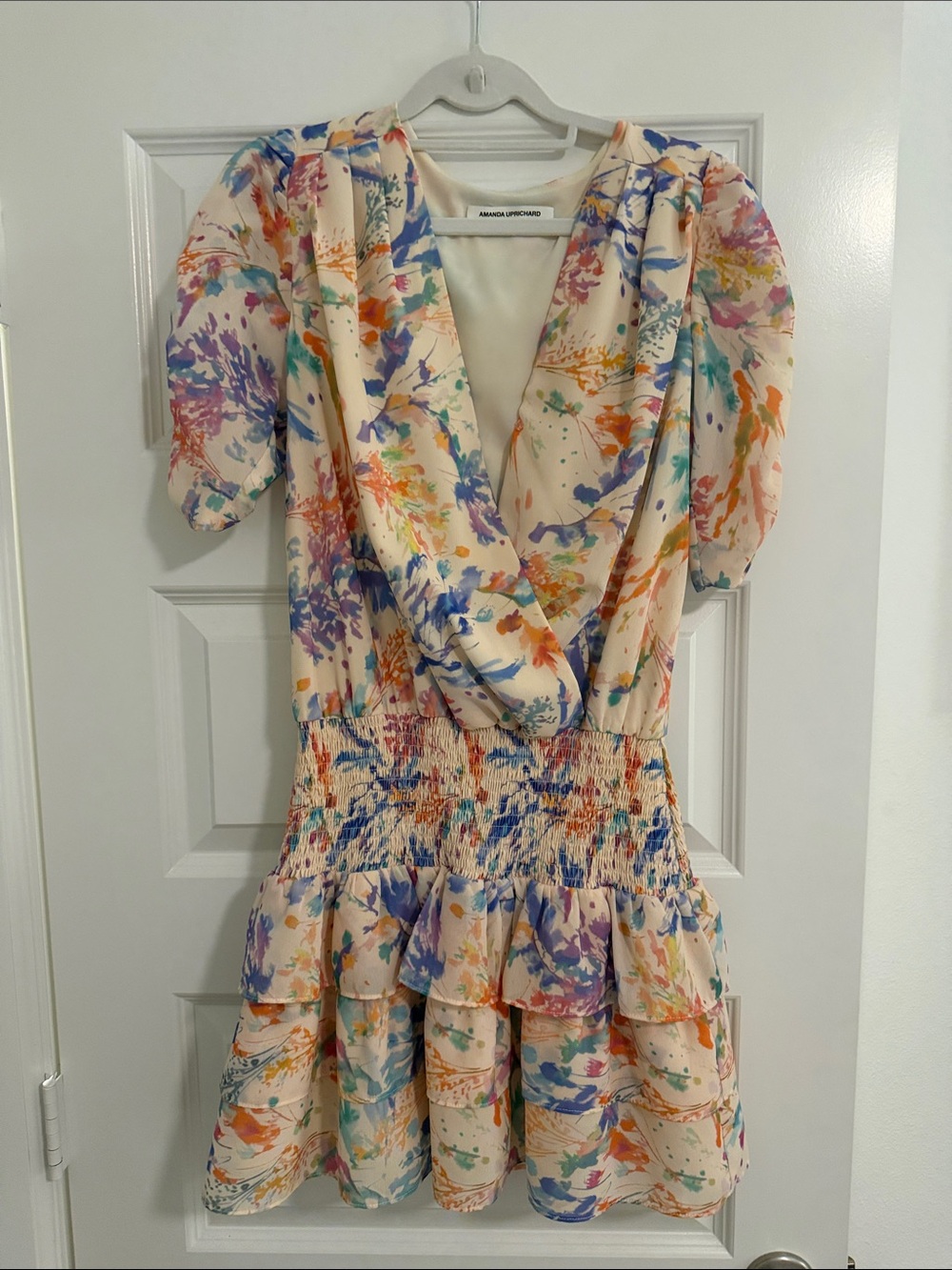 Amanda Uprichard Cream Mini Dress with Multicolor Pattern